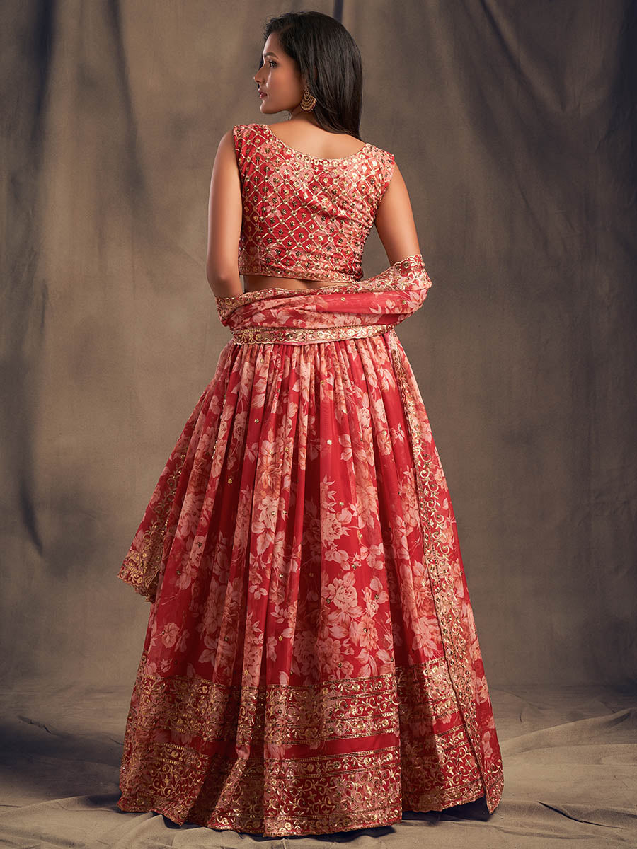 Myra Red Organza Silk Embroidered Lehenga