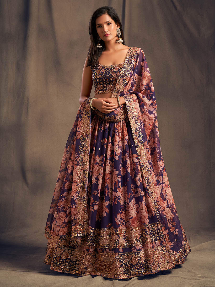Myra Purple Organza Silk Embroidered Lehenga