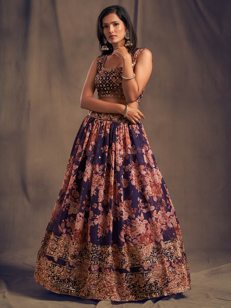 Myra Purple Organza Silk Embroidered Lehenga