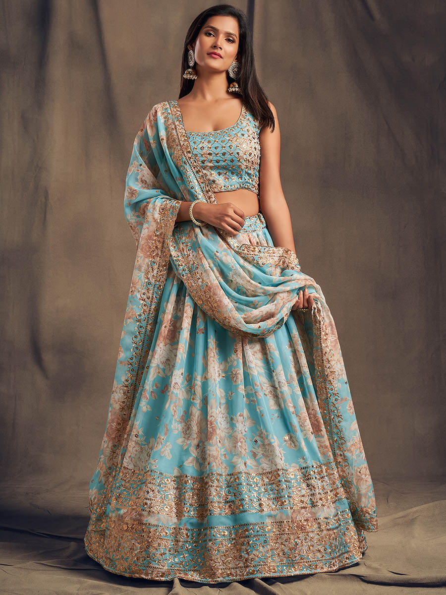 Myra Sky Blue Organza Silk Embroidered Lehenga