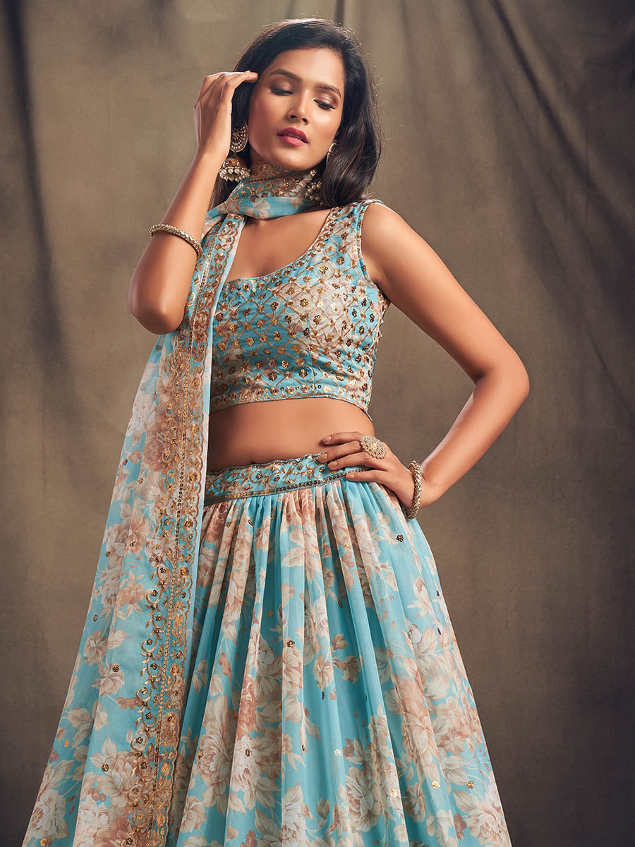 Myra Sky Blue Organza Silk Embroidered Lehenga