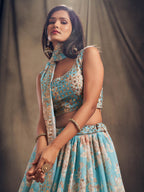Myra Sky Blue Organza Silk Embroidered Lehenga