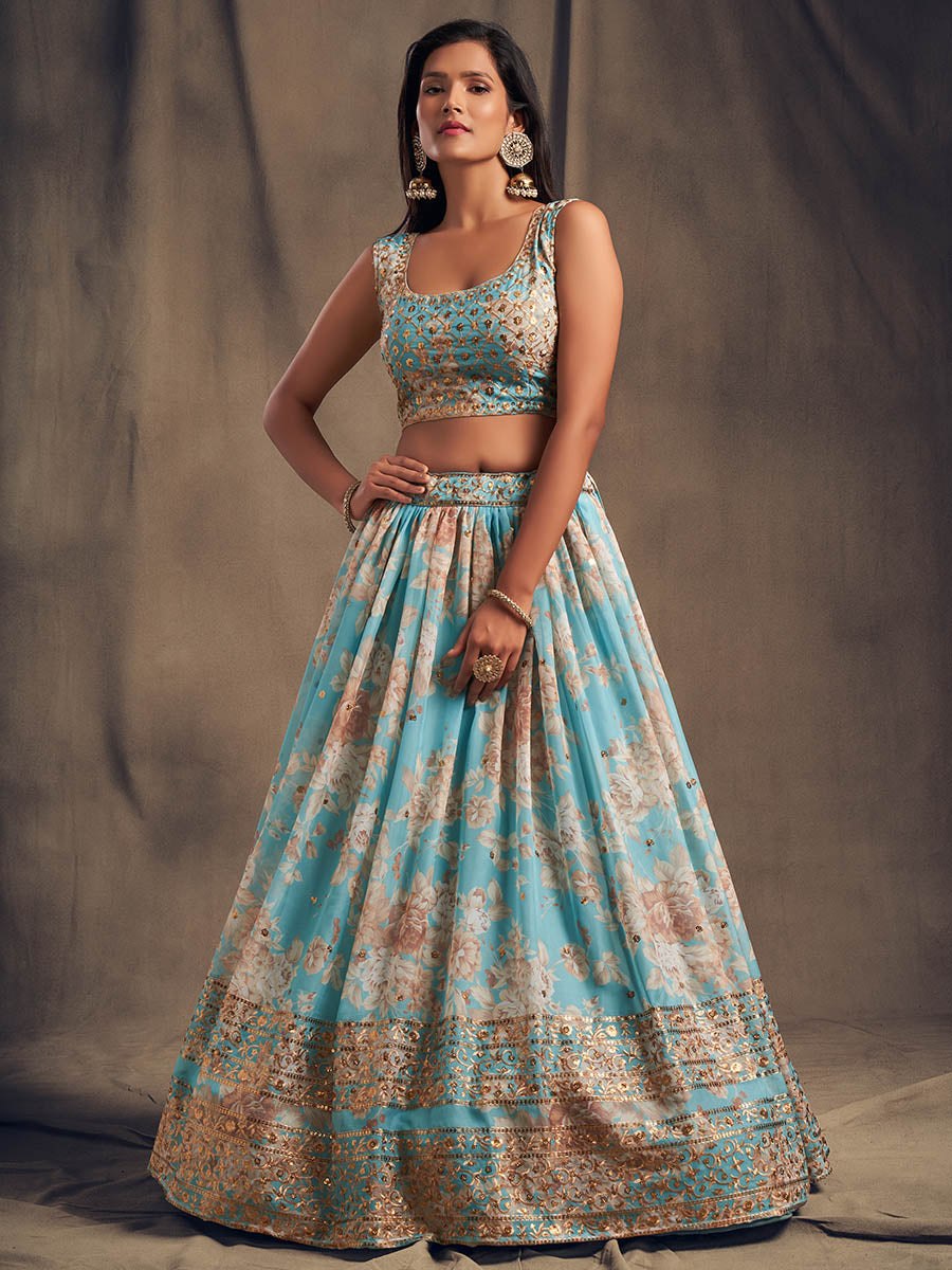Myra Sky Blue Organza Silk Embroidered Lehenga