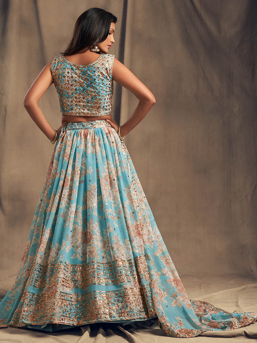Myra Sky Blue Organza Silk Embroidered Lehenga