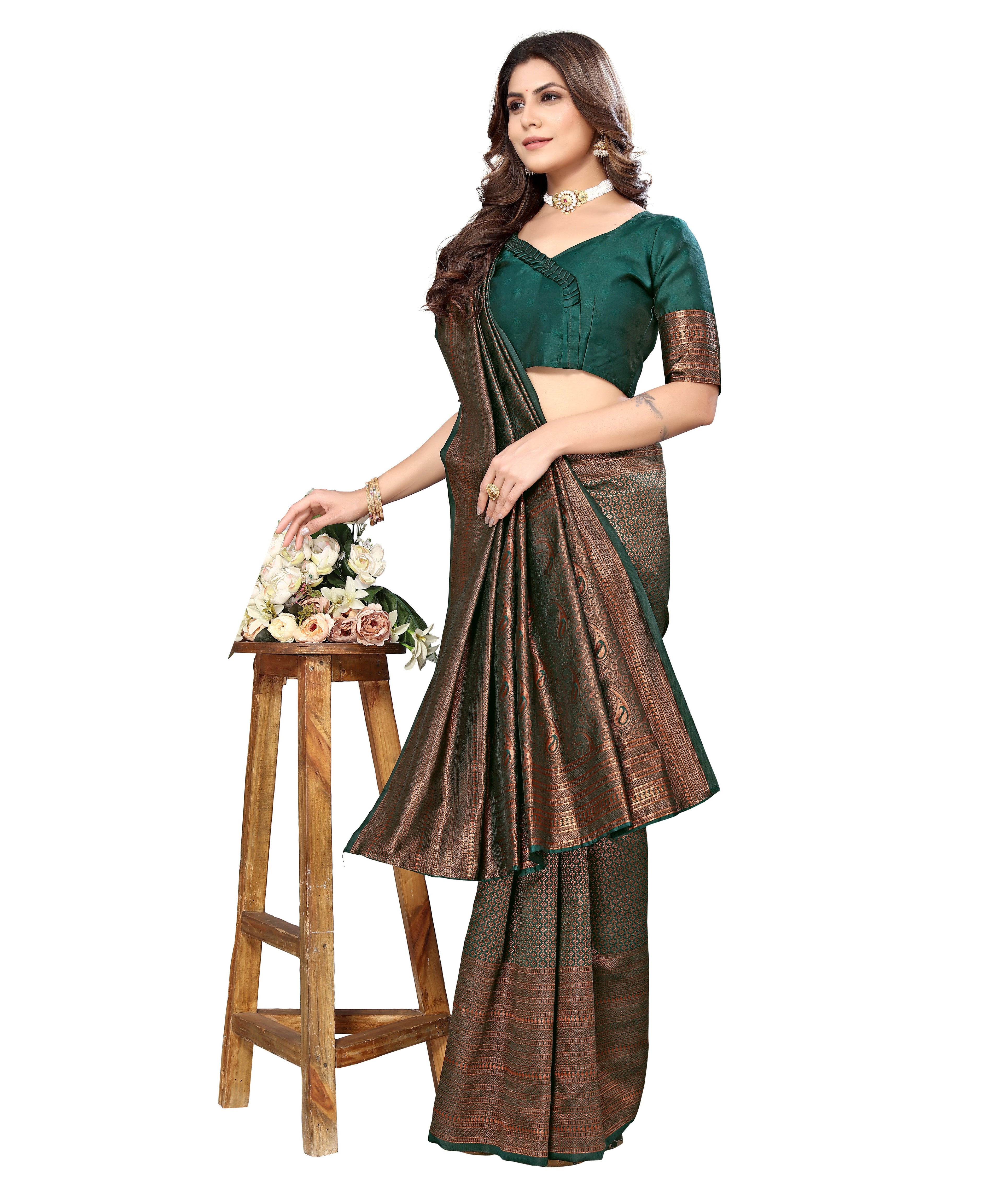 Vamika Weaving Banarasi Jacquard Green Kanjivaram Saree - Distacart