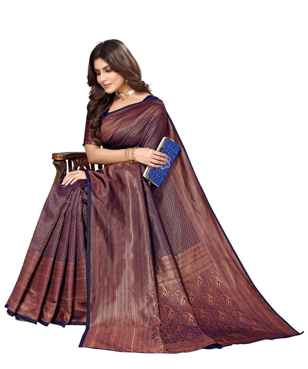 Vamika Weaving Banarasi Jacquard Navy Kanjivaram Saree - Distacart