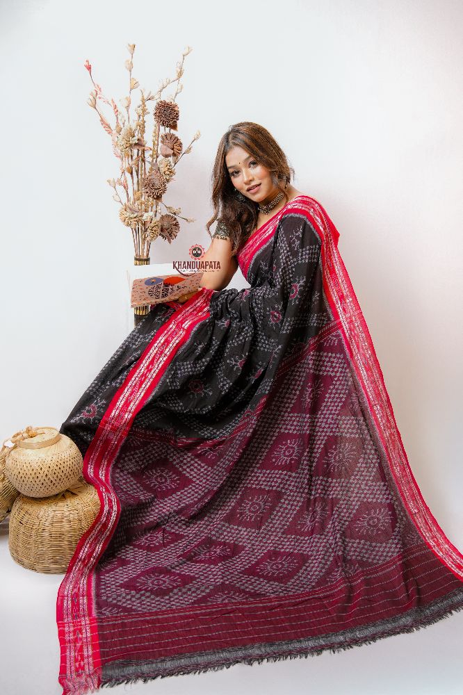 khanduapata Black & Red Star Design Cotton Saree For Women - Distacart