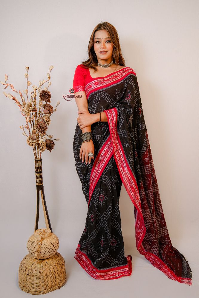 khanduapata Black & Red Star Design Cotton Saree For Women - Distacart