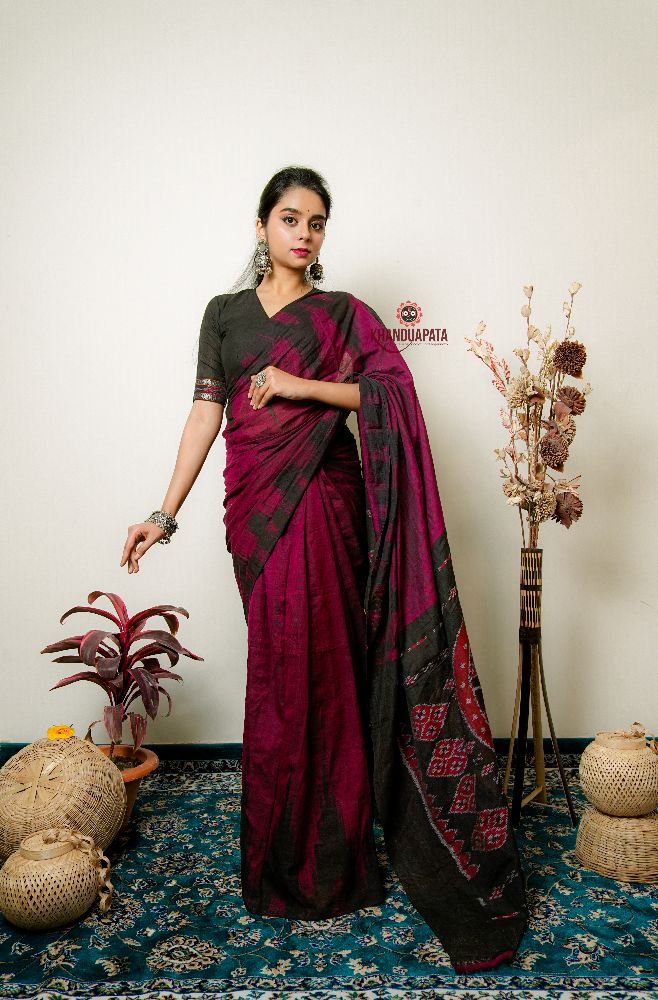 khanduapata Deep Red Plain Cotton Saree For Women - Distacart