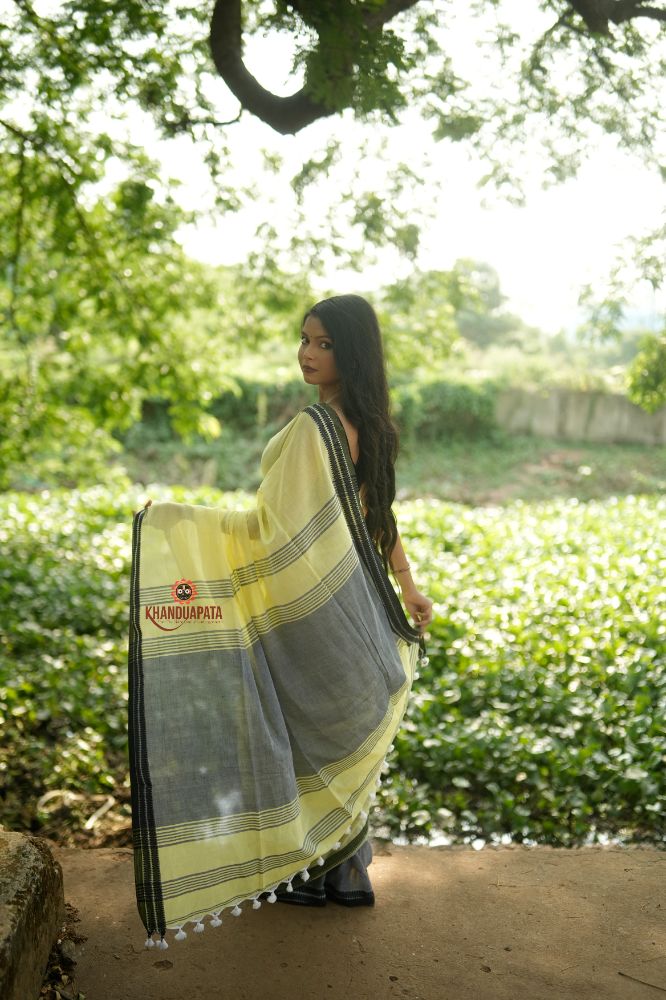 khanduapata Grey and Light Yellow Plain Cotton Saree For Women - Distacart