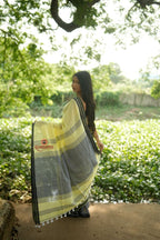 khanduapata Grey and Light Yellow Plain Cotton Saree For Women - Distacart