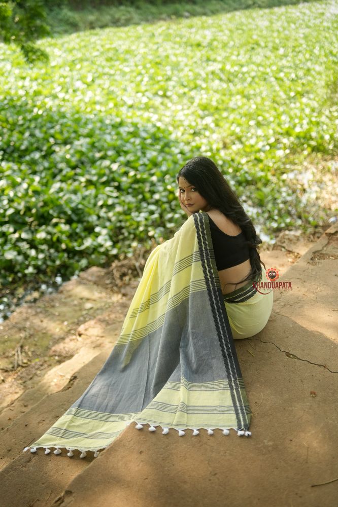 khanduapata Grey and Light Yellow Plain Cotton Saree For Women - Distacart