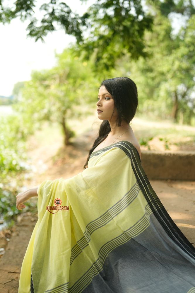 khanduapata Grey and Light Yellow Plain Cotton Saree For Women - Distacart