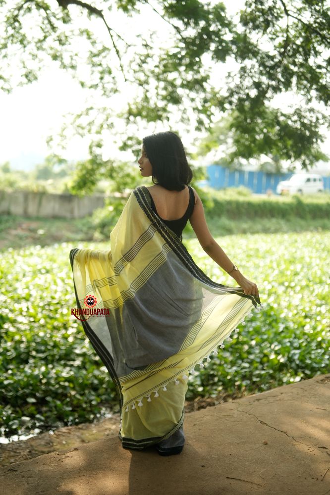 khanduapata Grey and Light Yellow Plain Cotton Saree For Women - Distacart