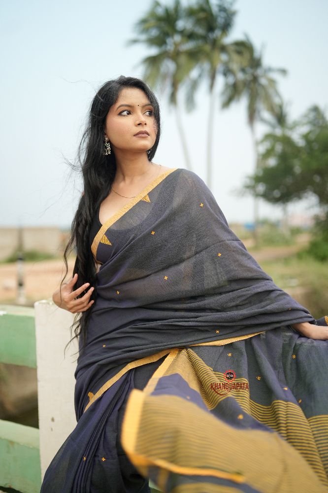 khanduapata Grey and Mustard Yellow Dot Pattern Cotton Saree For Women - Distacart