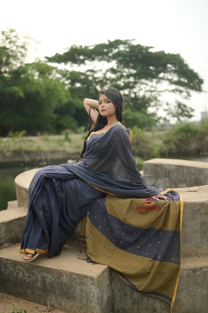 khanduapata Grey and Mustard Yellow Dot Pattern Cotton Saree For Women - Distacart