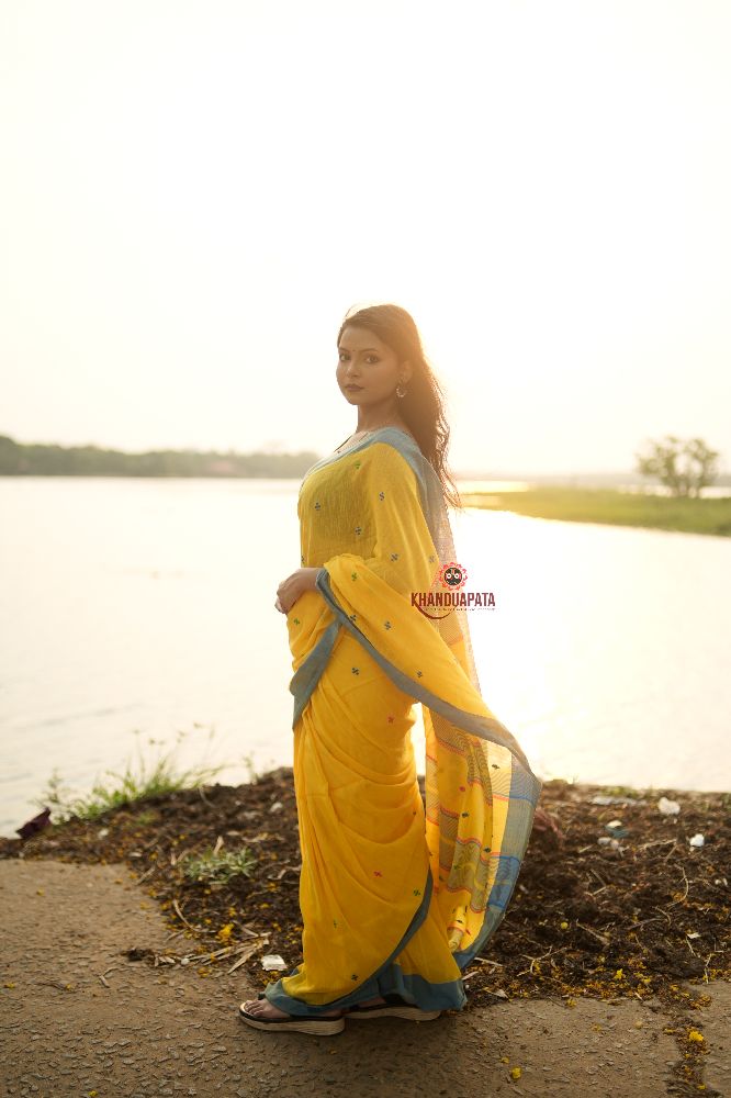 khanduapata Yellow and Soft Blue Colourful Dot Pattern Cotton Saree For Women - Distacart