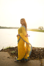 khanduapata Yellow and Soft Blue Colourful Dot Pattern Cotton Saree For Women - Distacart