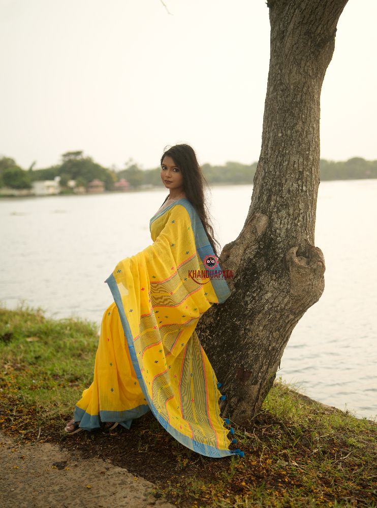 khanduapata Yellow and Soft Blue Colourful Dot Pattern Cotton Saree For Women - Distacart