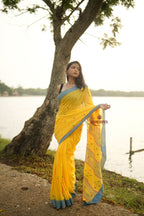 khanduapata Yellow and Soft Blue Colourful Dot Pattern Cotton Saree For Women - Distacart