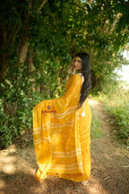 khanduapata White & Mustard Yellow Leaf Pattern Cotton Saree For Women - Distacart