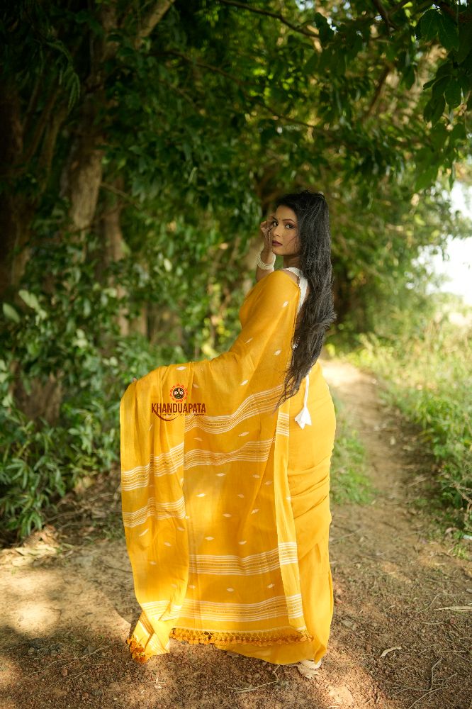 khanduapata White & Mustard Yellow Leaf Pattern Cotton Saree For Women - Distacart