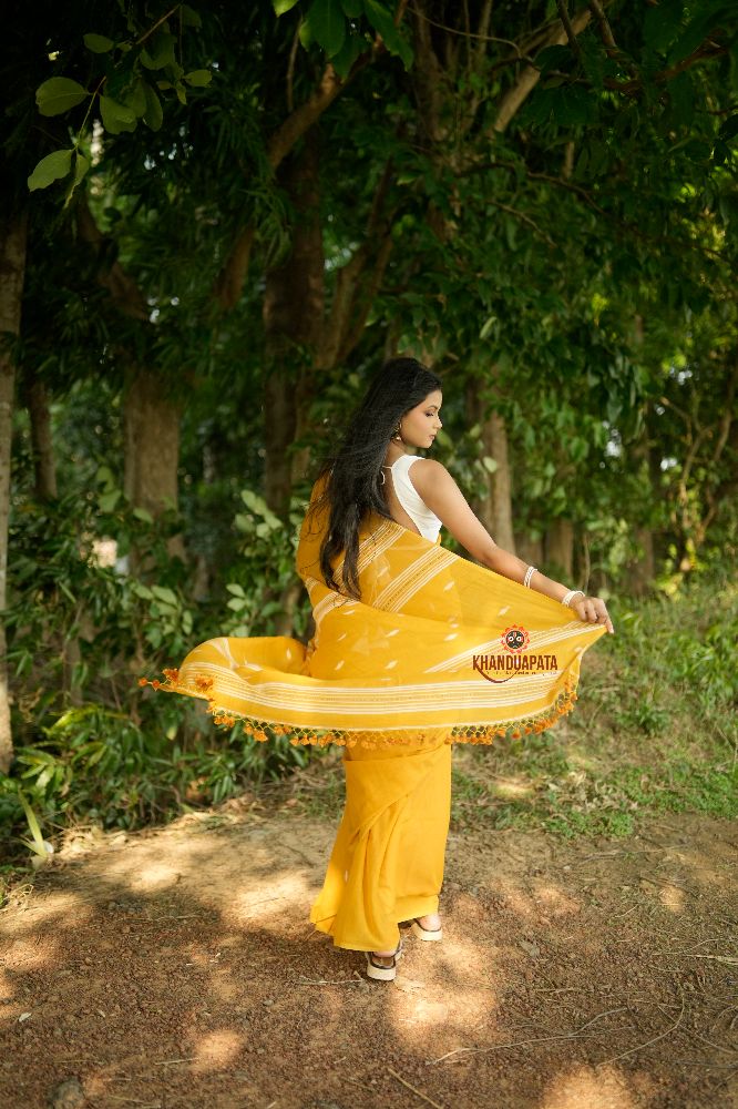 khanduapata White & Mustard Yellow Leaf Pattern Cotton Saree For Women - Distacart