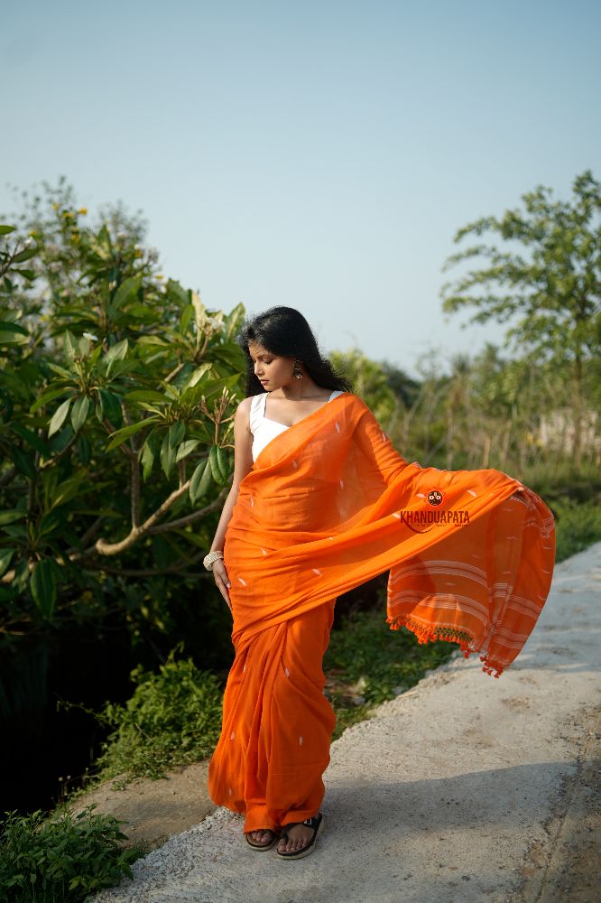 khanduapata Orange and White Leaf Pattern Cotton Saree For Women - Distacart