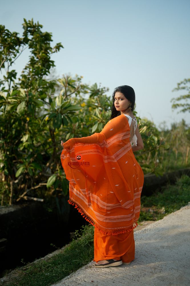 khanduapata Orange and White Leaf Pattern Cotton Saree For Women - Distacart