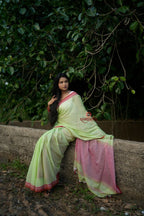 khanduapata Pink and Pastel Green Plain Cotton Saree For Women - Distacart