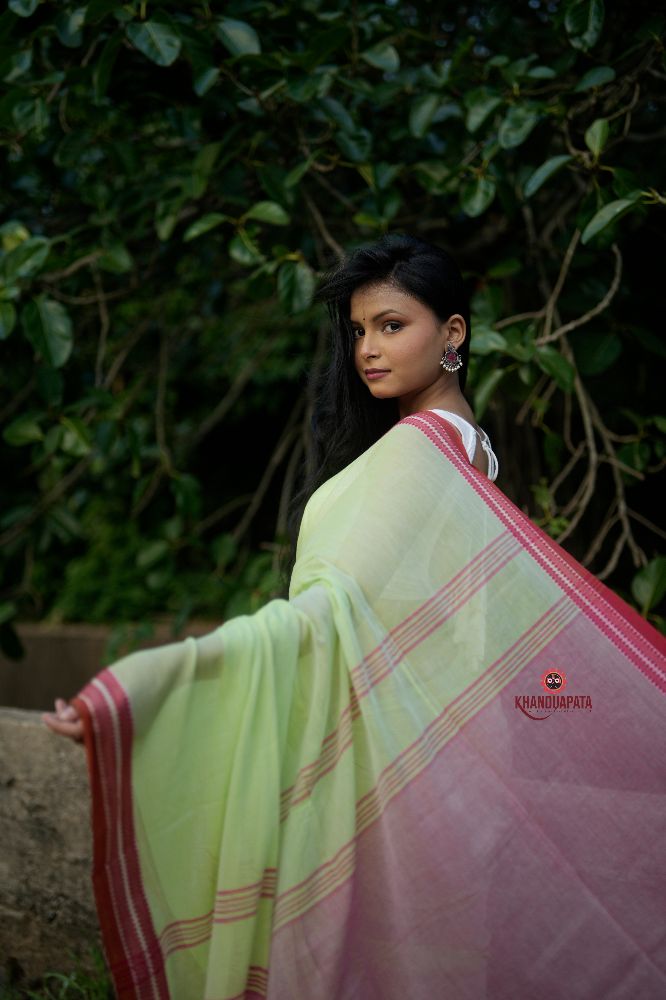 khanduapata Pink and Pastel Green Plain Cotton Saree For Women - Distacart