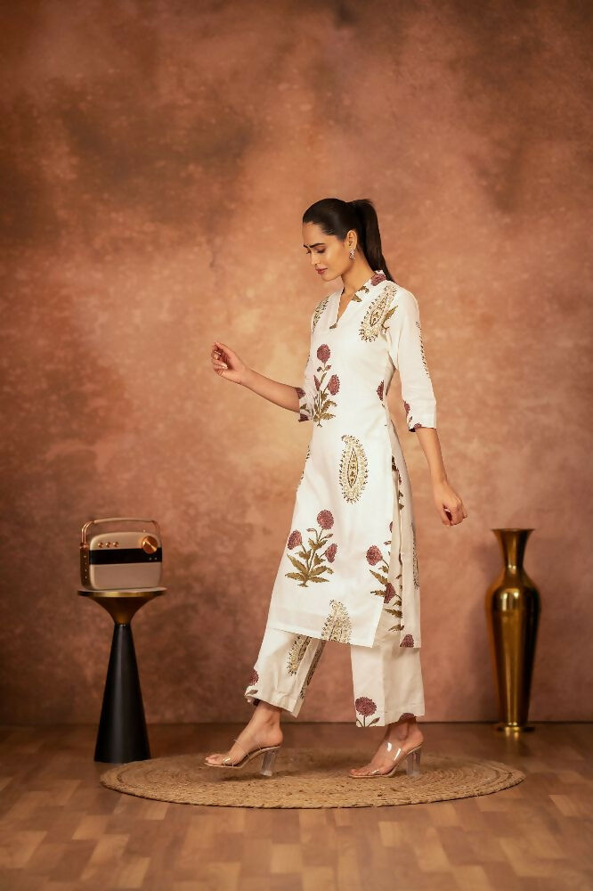 Joban Fashion Off White Red Floral Hand Block Printed Cotton Kurta Pant Set - Distacart