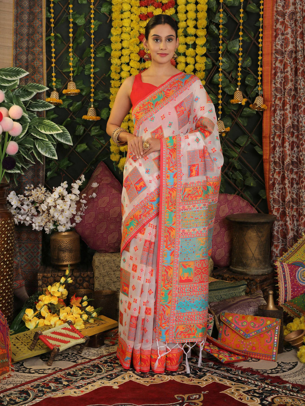 Shree Shyam Fashion Linen Cotton White Saree - Distacart