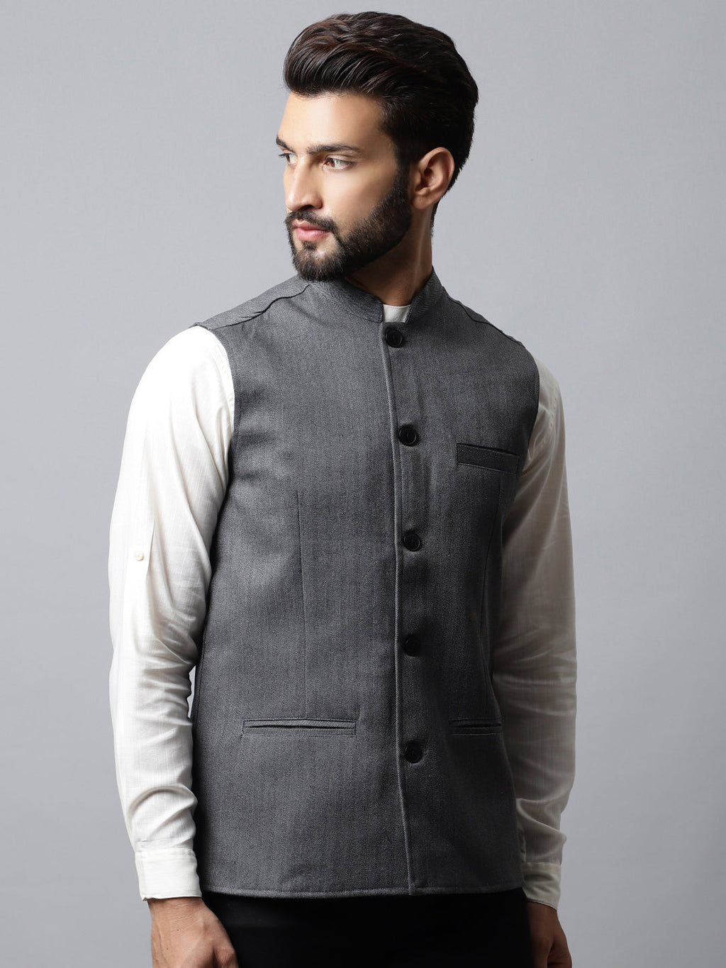 Even Apparels Men's Grey Nehru Jacket With Welt Pockets