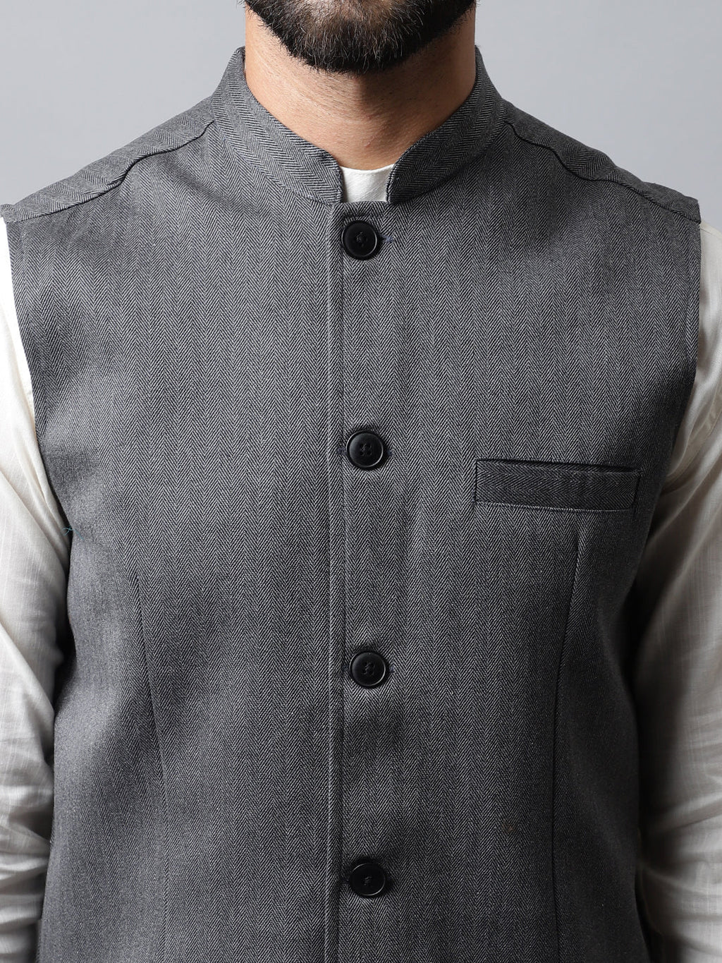 Even Apparels Men's Grey Nehru Jacket With Welt Pockets