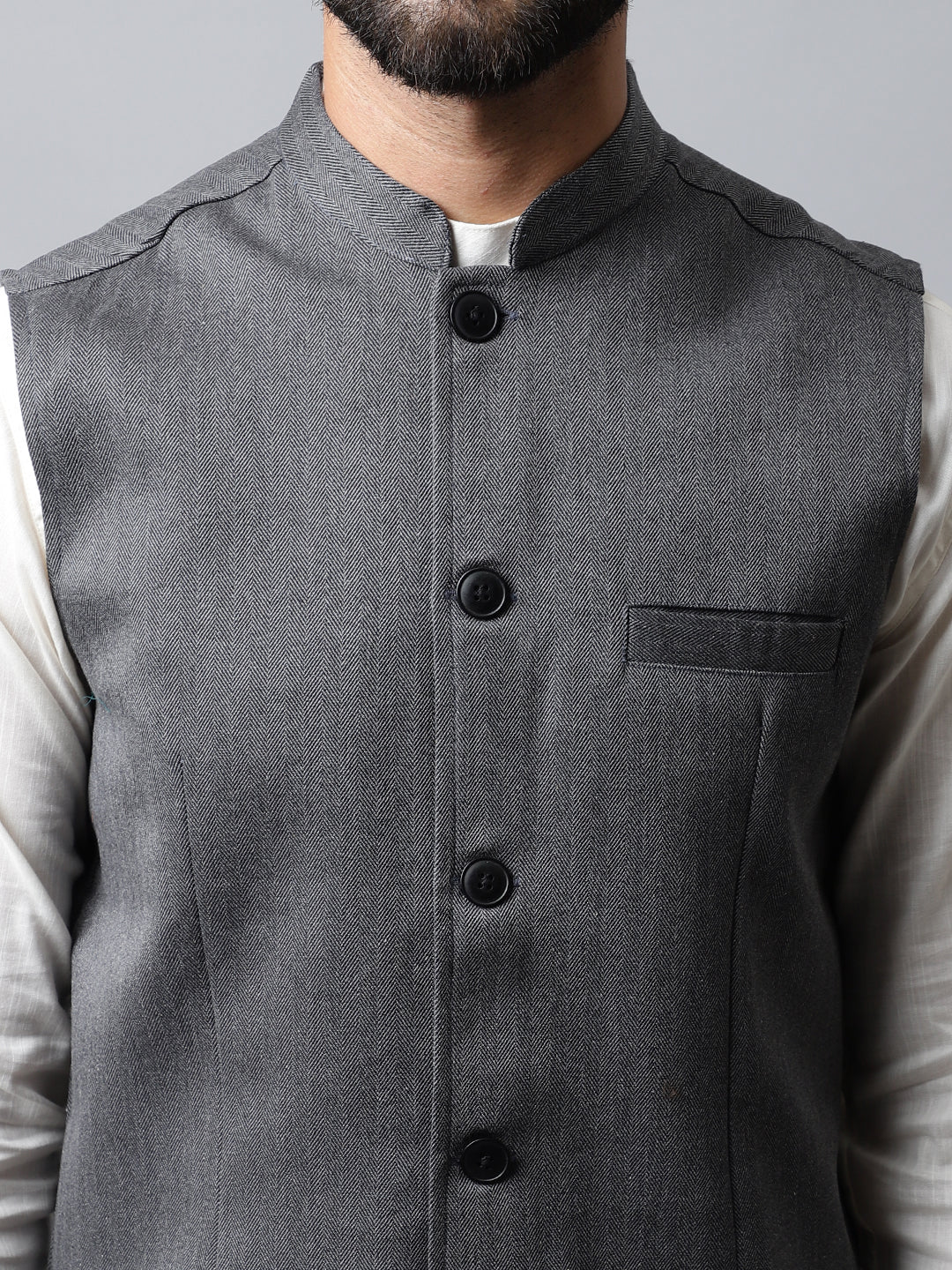 Even Apparels Men's Grey Nehru Jacket With Welt Pockets