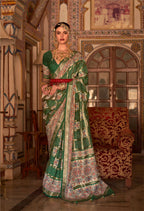 Dark Green P V Silk Digital Print, Zari Work Printed Saree - Rewaa Parampara
