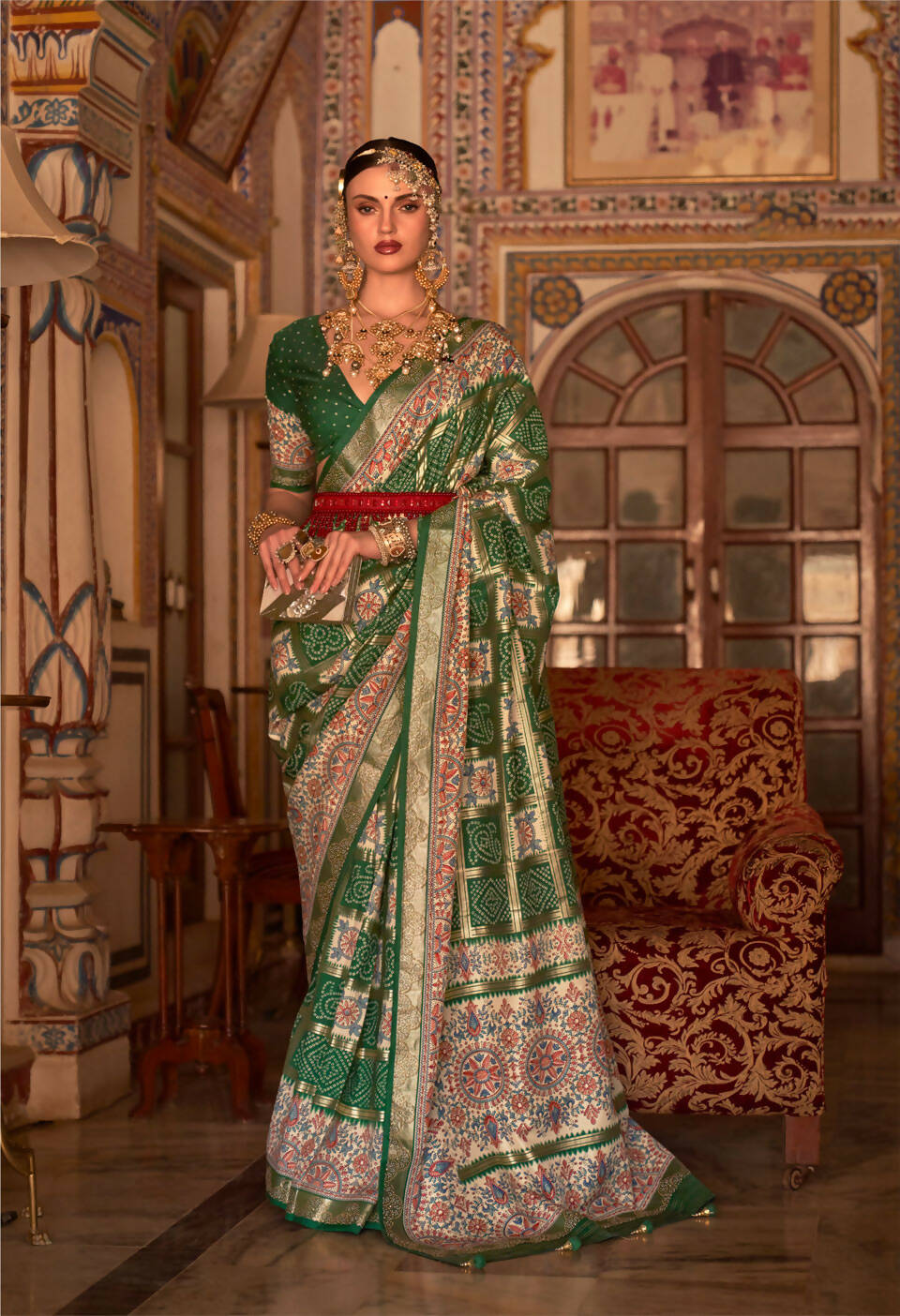 Dark Green P V Silk Digital Print, Zari Work Printed Saree - Rewaa Parampara