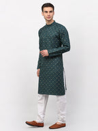 Jompers Men's Olive Printed Cotton Kurta Only