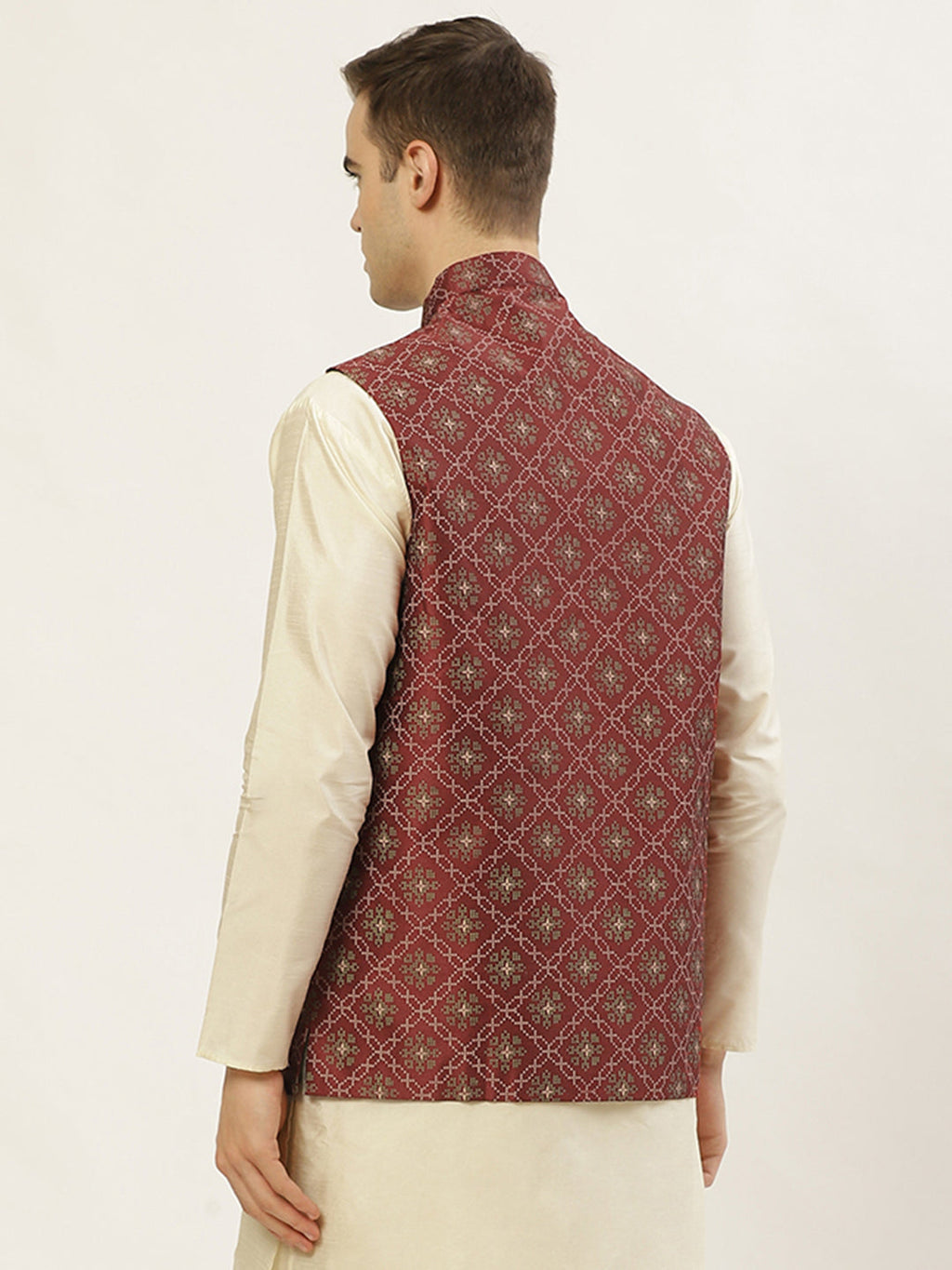 Jompers Men's Beautiful Maroon Printed Nehru Jacket