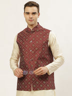 Jompers Men's Beautiful Maroon Printed Nehru Jacket