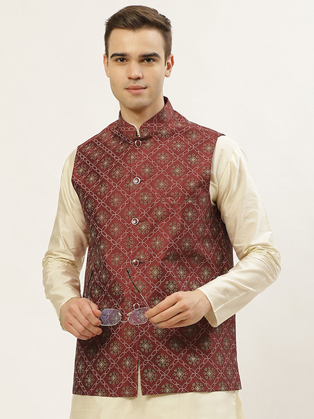 Jompers Men's Beautiful Maroon Printed Nehru Jacket