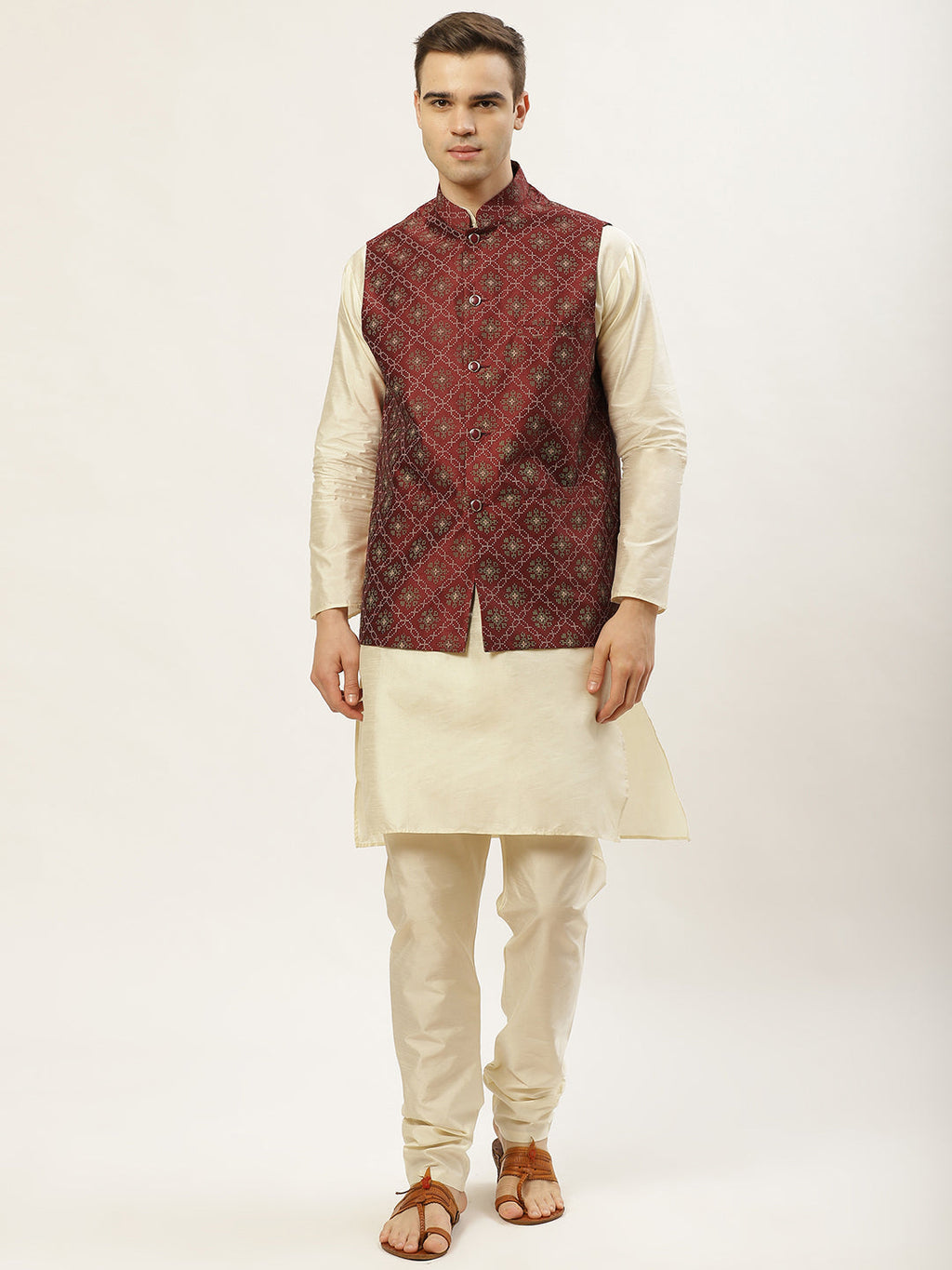 Jompers Men's Beautiful Maroon Printed Nehru Jacket