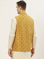 Jompers Men's Mustard Printed Nehru Jacket