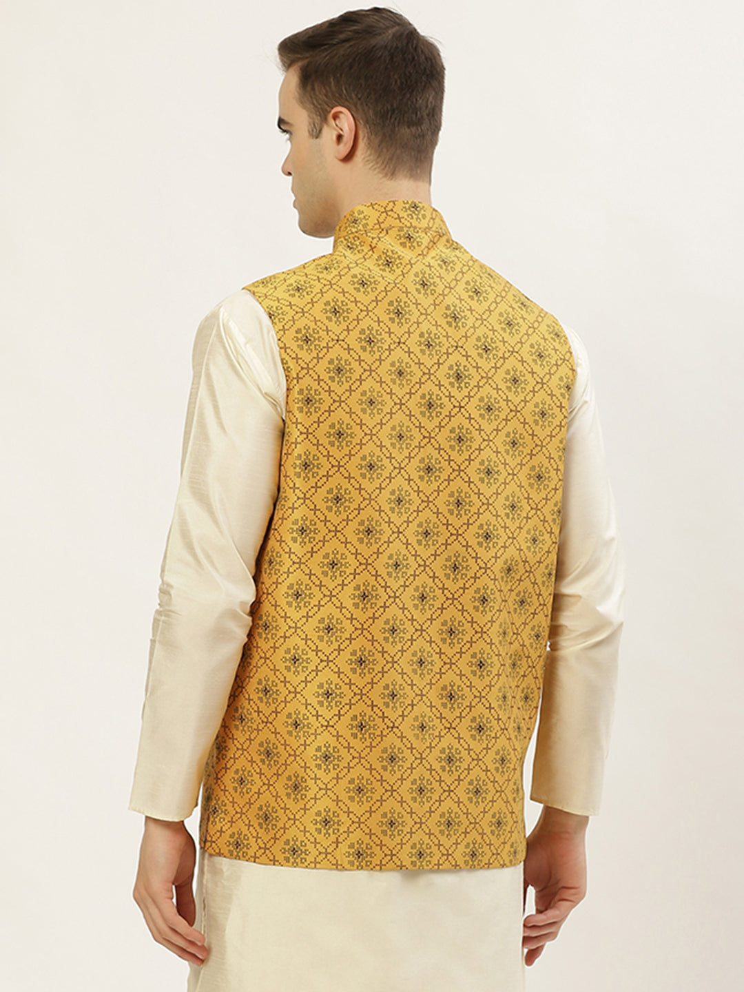 Jompers Men's Mustard Printed Nehru Jacket