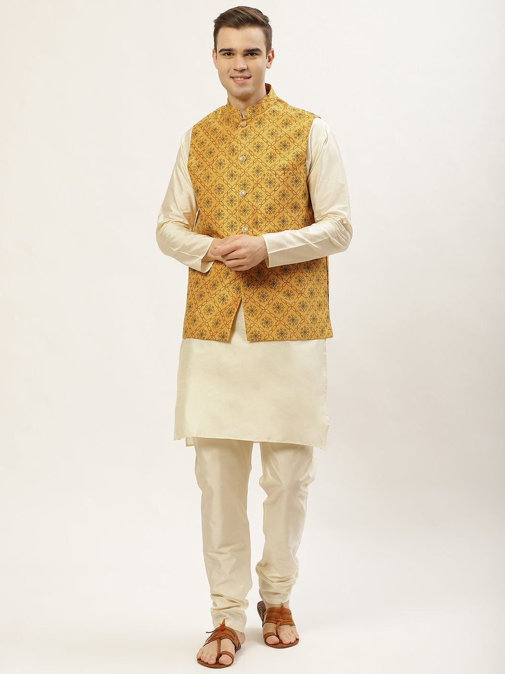 Jompers Men's Mustard Printed Nehru Jacket