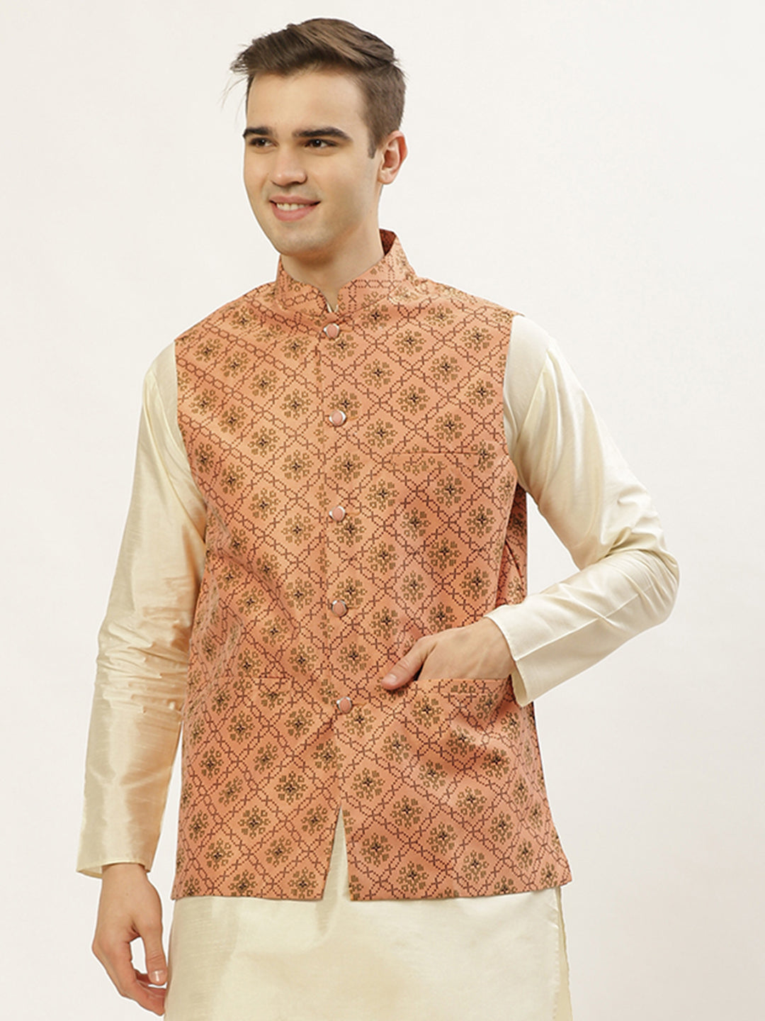 Jompers Men's Orange Printed Nehru Jacket