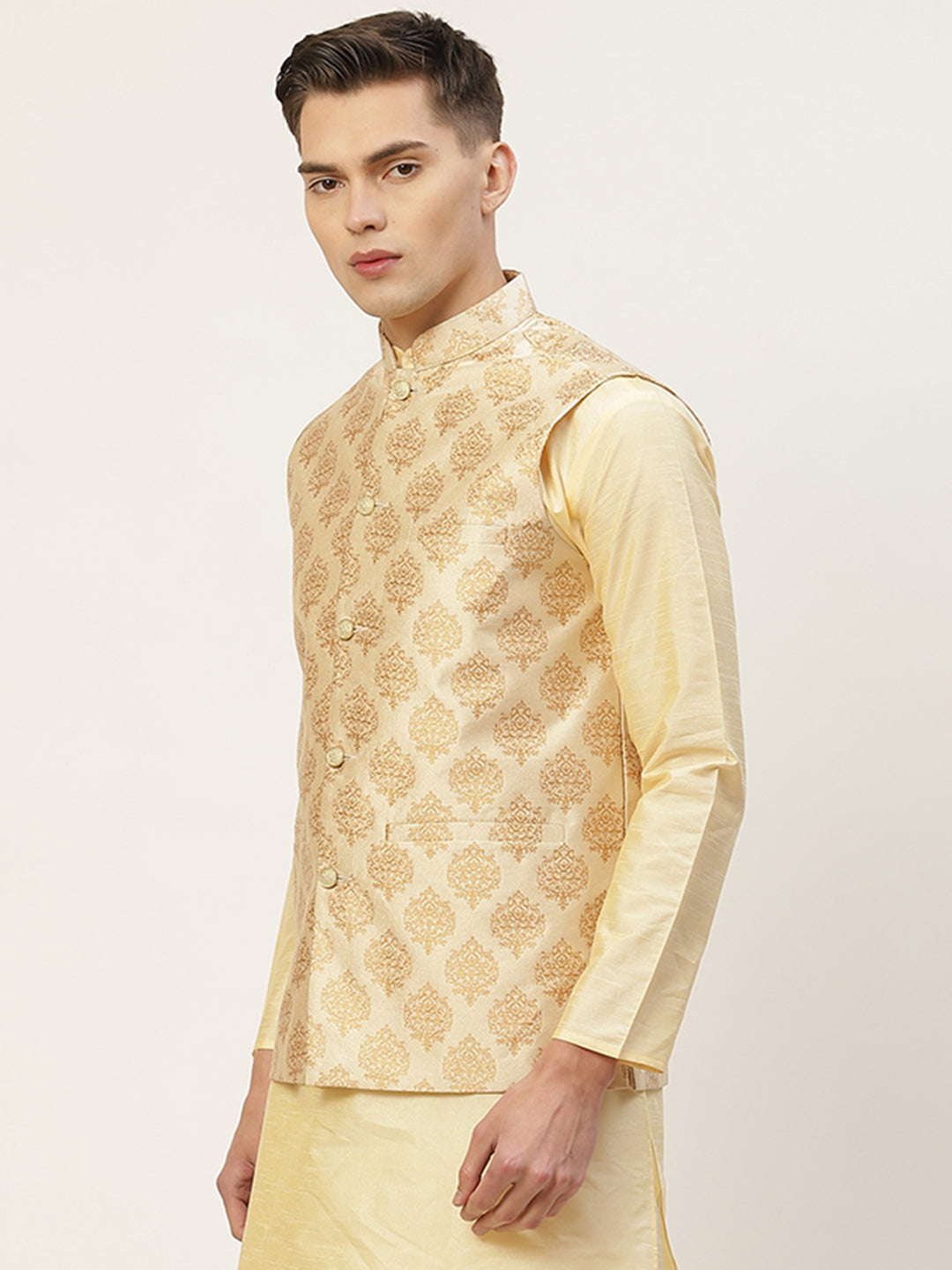Jompers Men's Beautiful Cream Printed Nehru Jacket