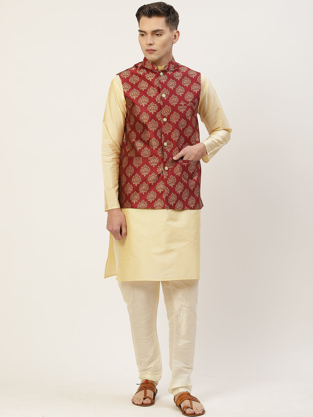 Jompers Men's Maroon Printed Nehru Jacket