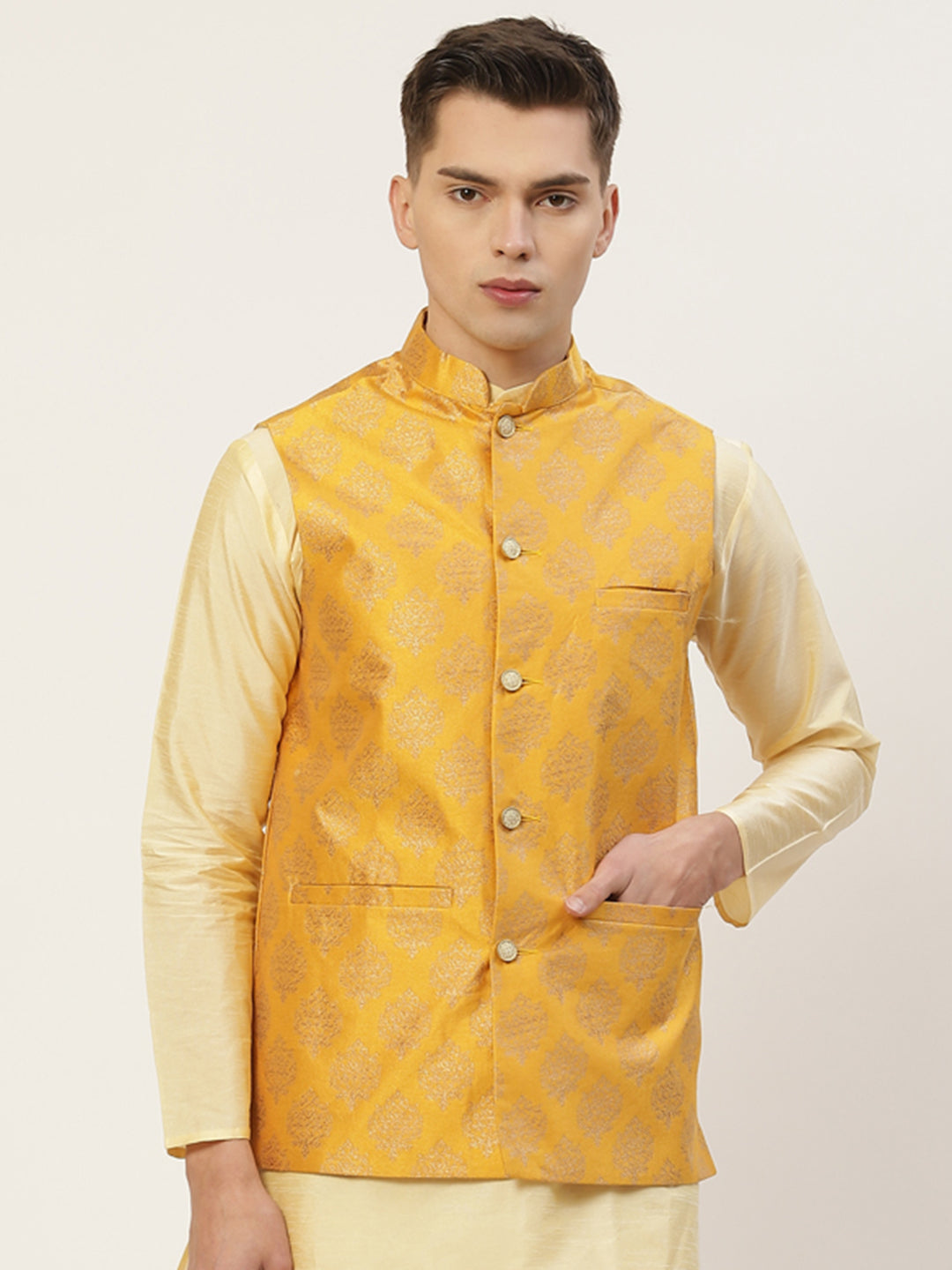 Jompers Men's Beautiful Mustard Printed Nehru Jacket